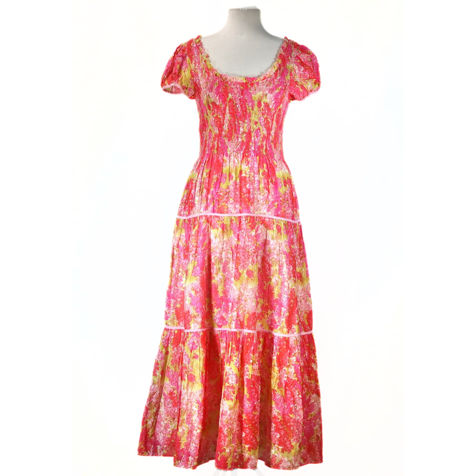 Loveshackfancy Maxi Dress Womens M Pink Floral Smocked Tiered Silk Blend Summer